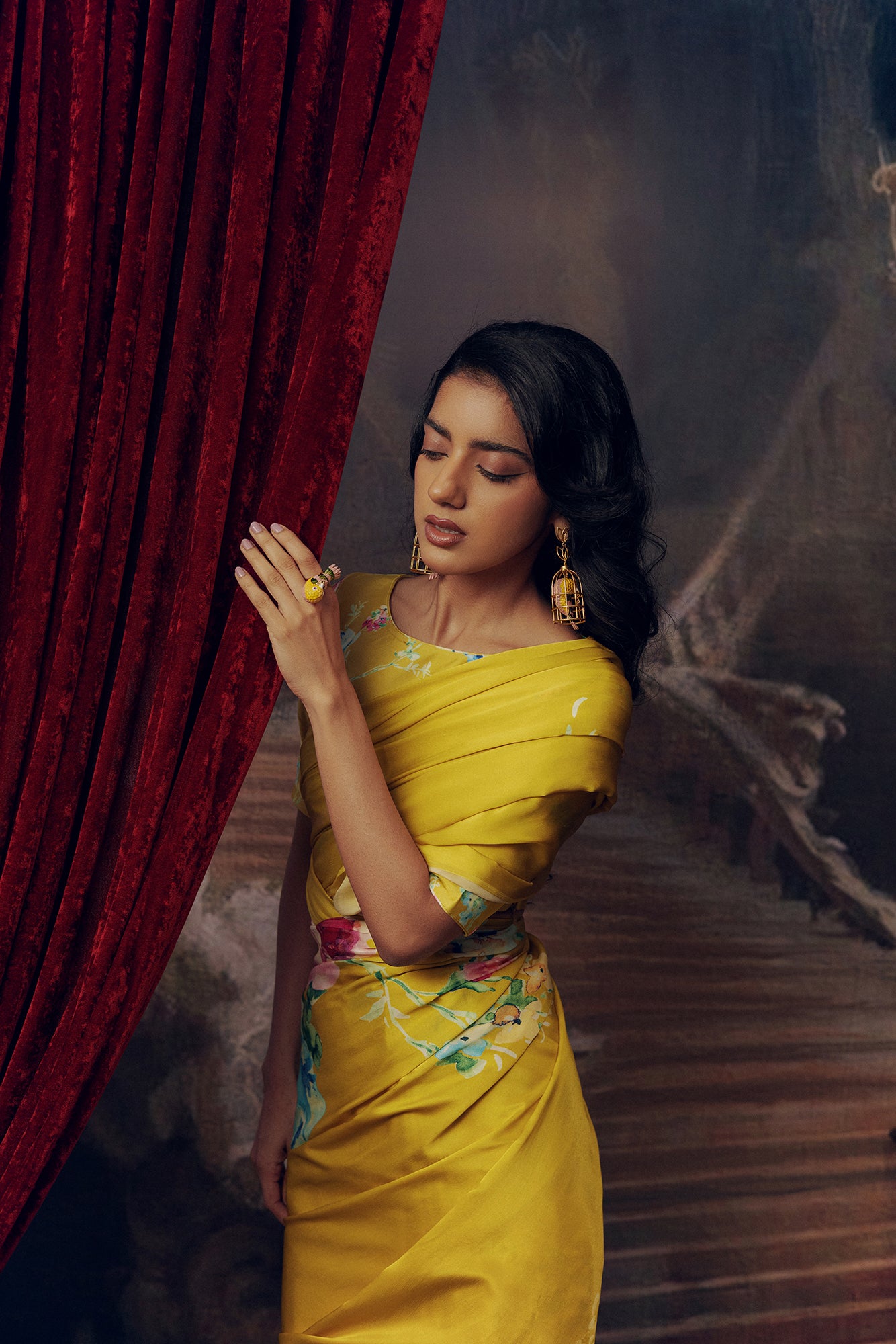 Yellow Satin Crepe Silk Saree