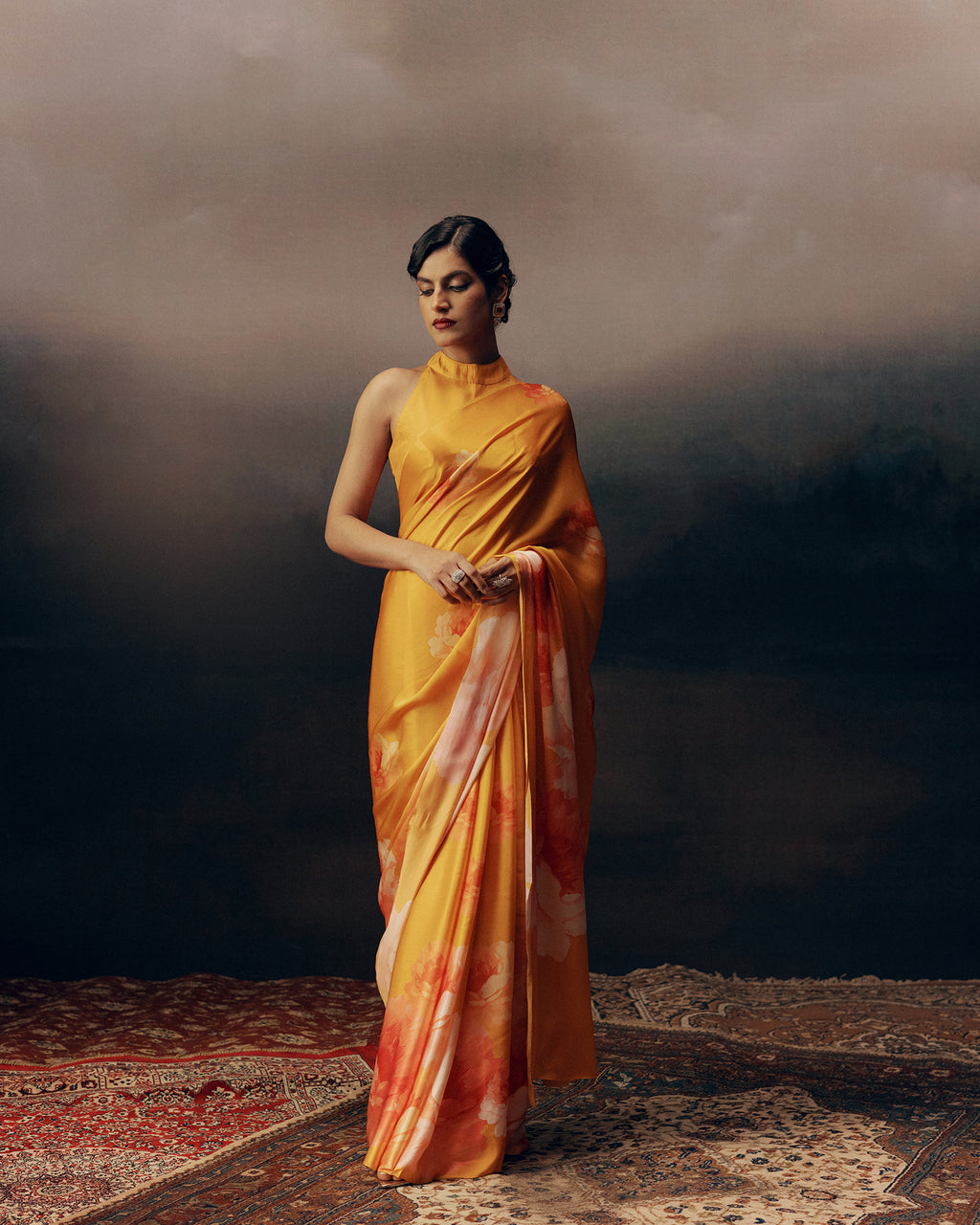 Orange Satin Crepe Silk Saree
