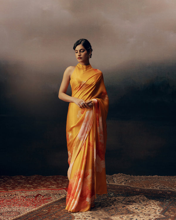 Orange Satin Crepe Saree