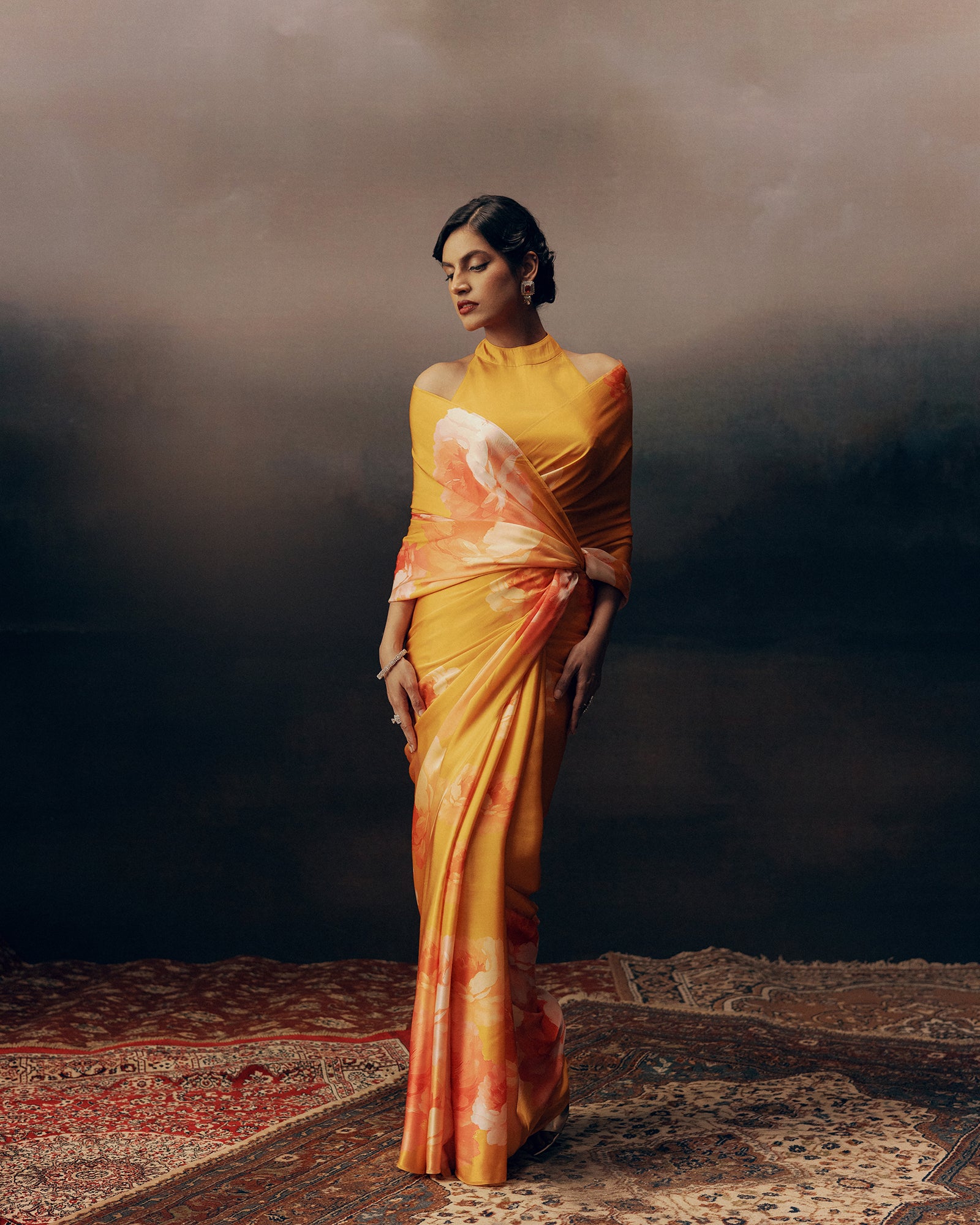 Orange Satin Crepe Silk Saree