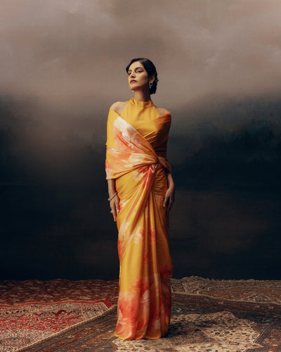 Orange Satin Crepe Silk Saree