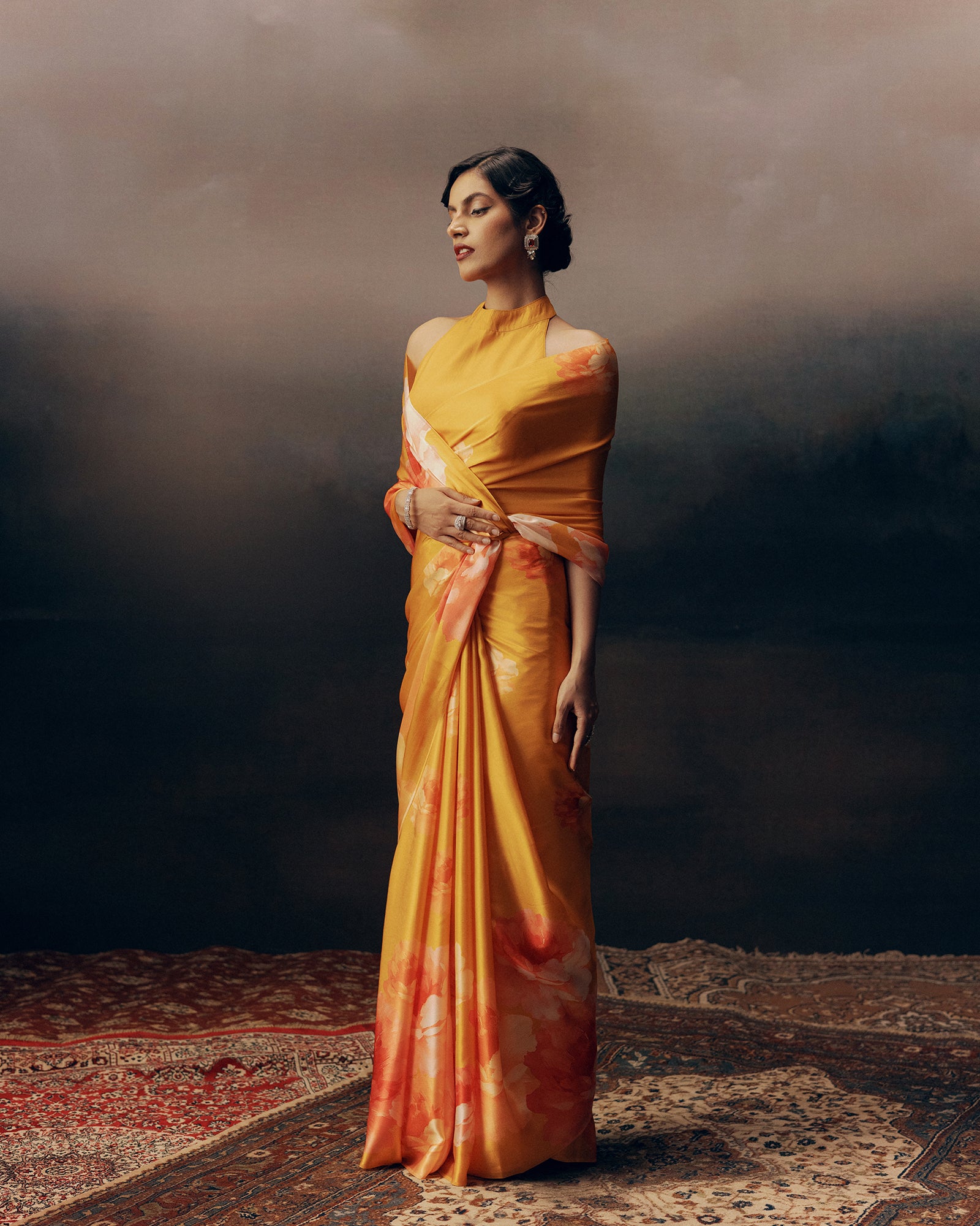 Orange Satin Crepe Silk Saree