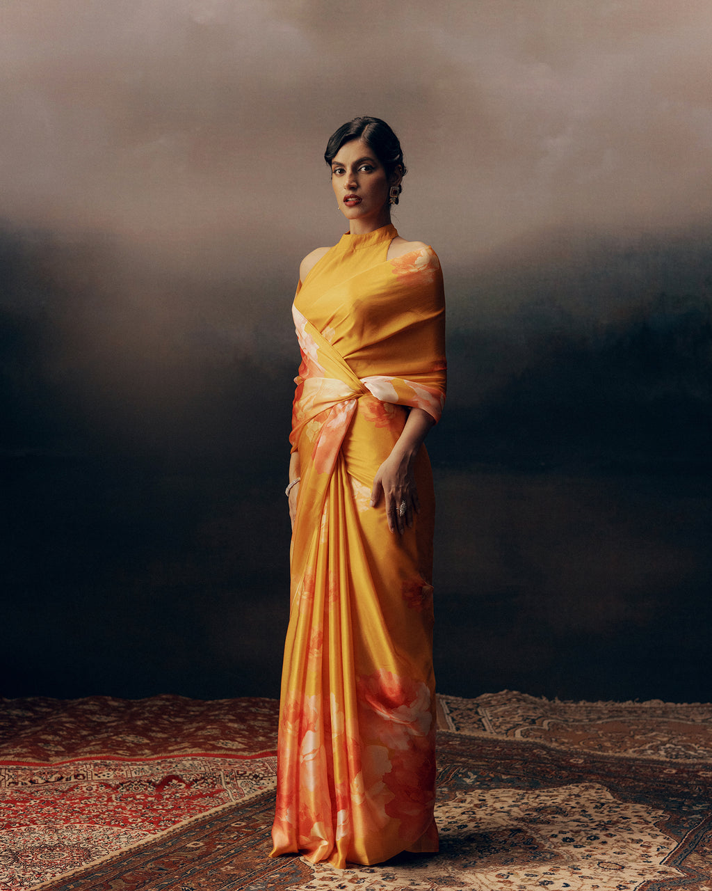 Orange Satin Crepe Silk Saree