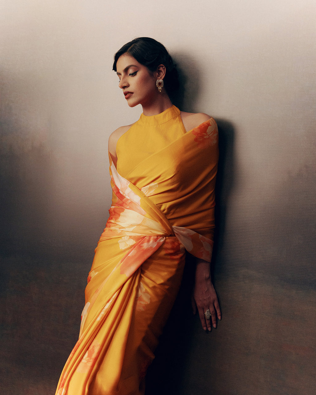 Orange Satin Crepe Silk Saree