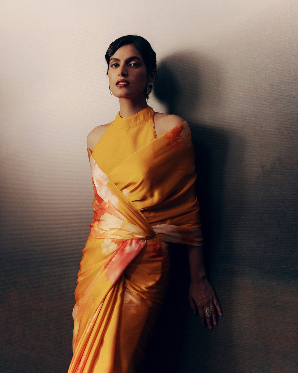 Orange Satin Crepe Silk Saree