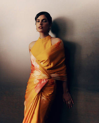 Orange Satin Crepe Silk Saree