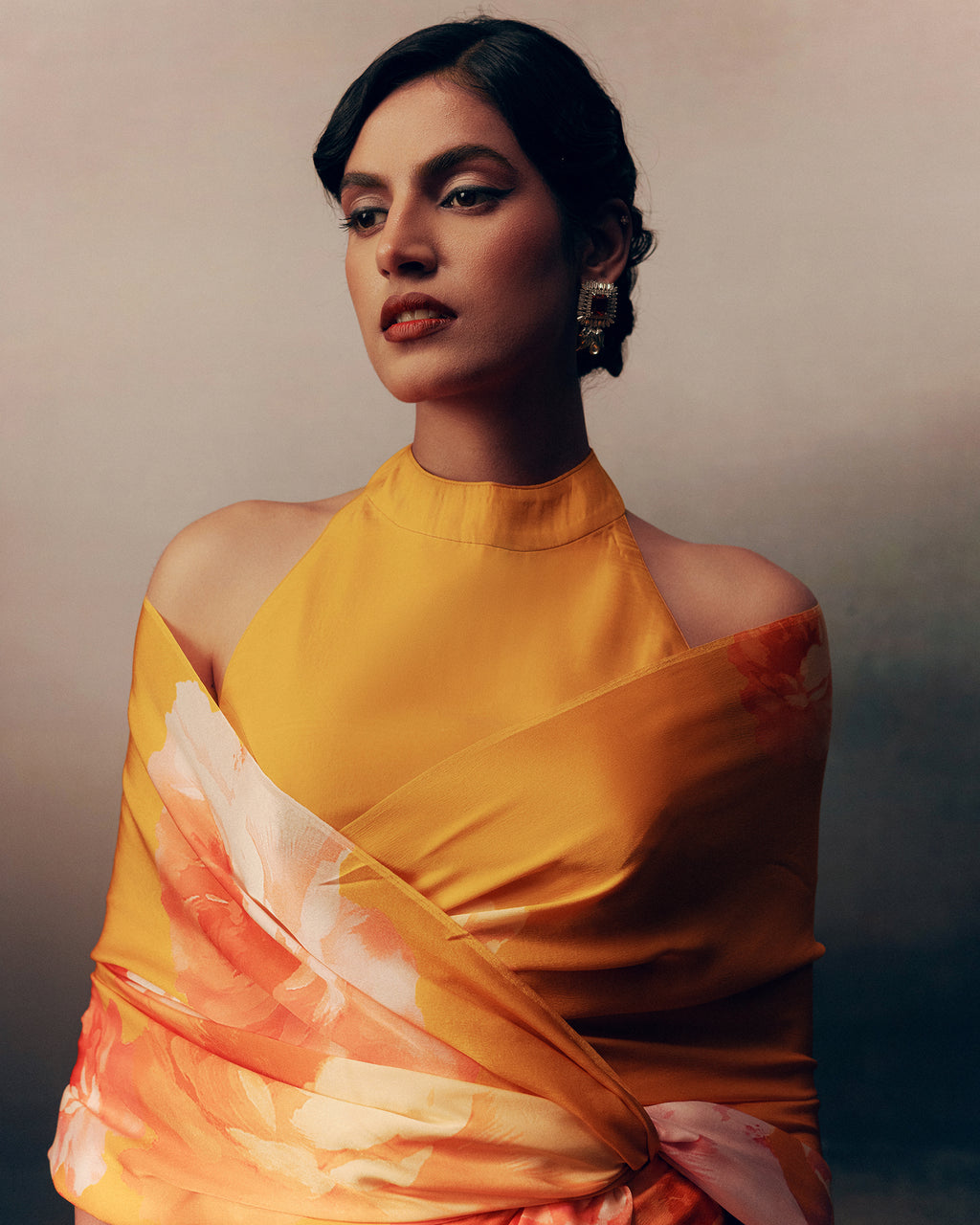 Orange Satin Crepe Silk Saree