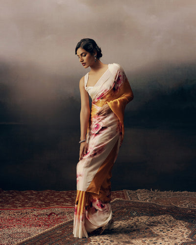 Orange and White Crepe Silk Saree