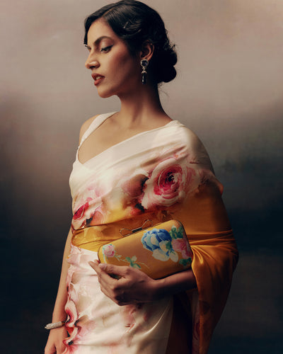 Orange and White Crepe Silk Saree