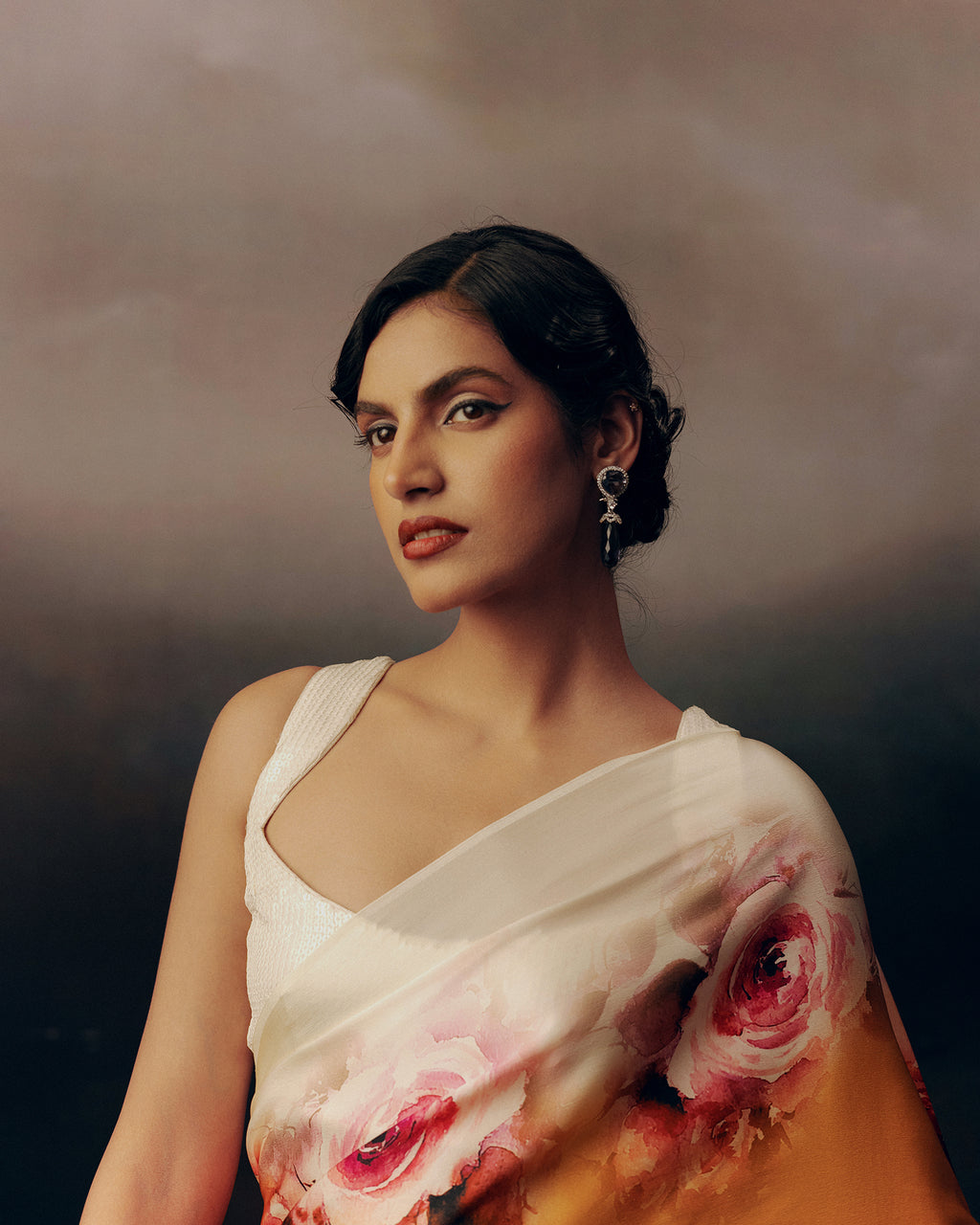Orange and White Crepe Silk Saree