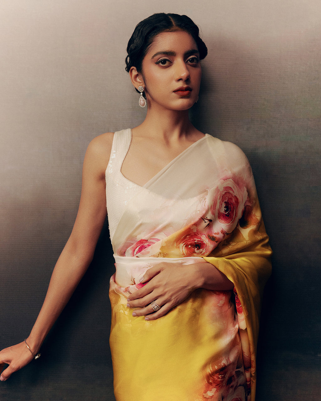 Yellow Satin Crepe Saree