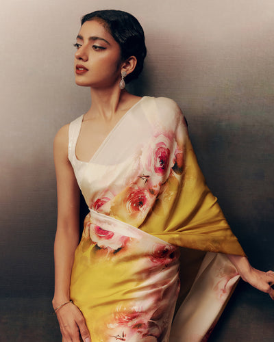 Yellow Satin Crepe Saree