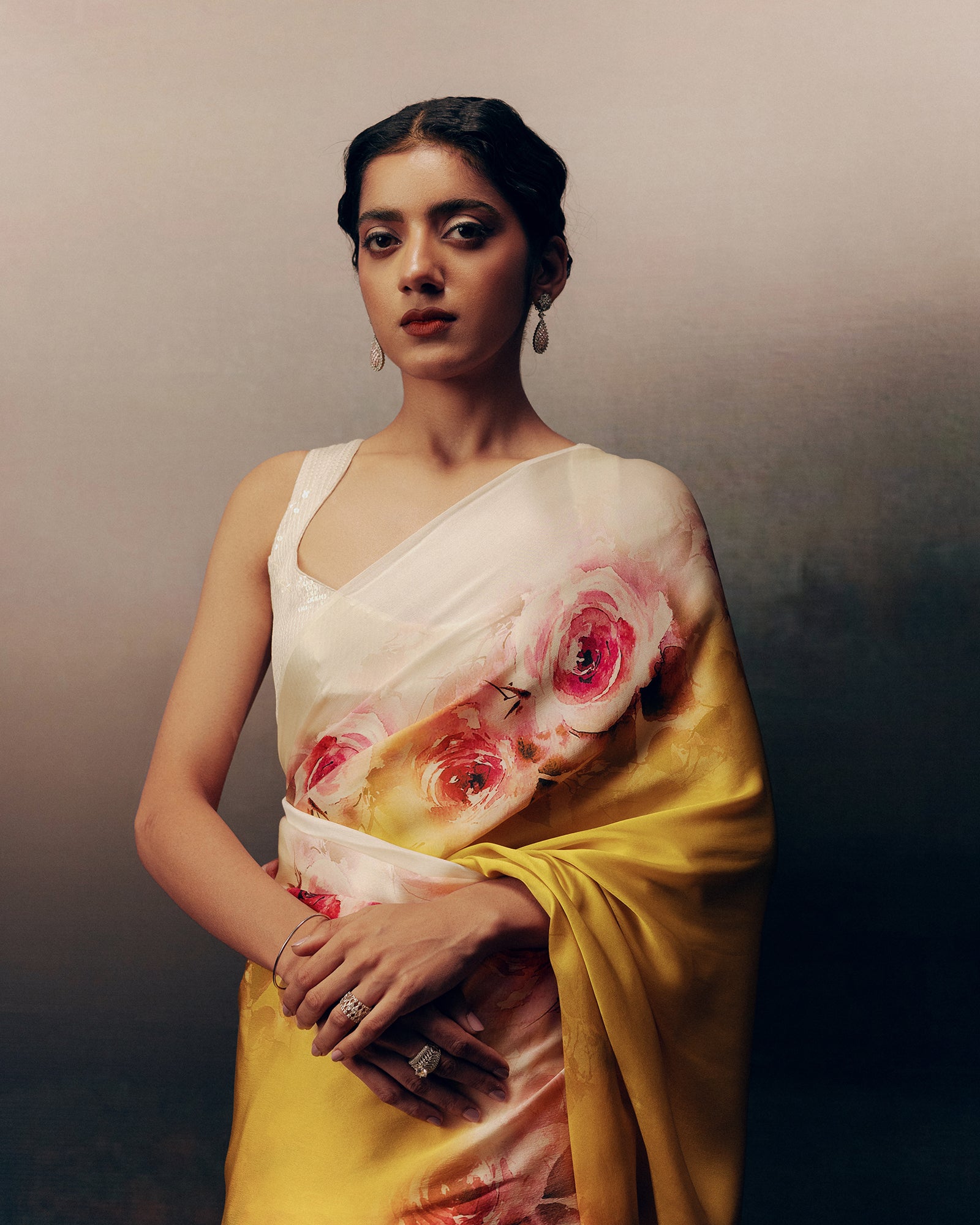 Yellow Satin Crepe Saree