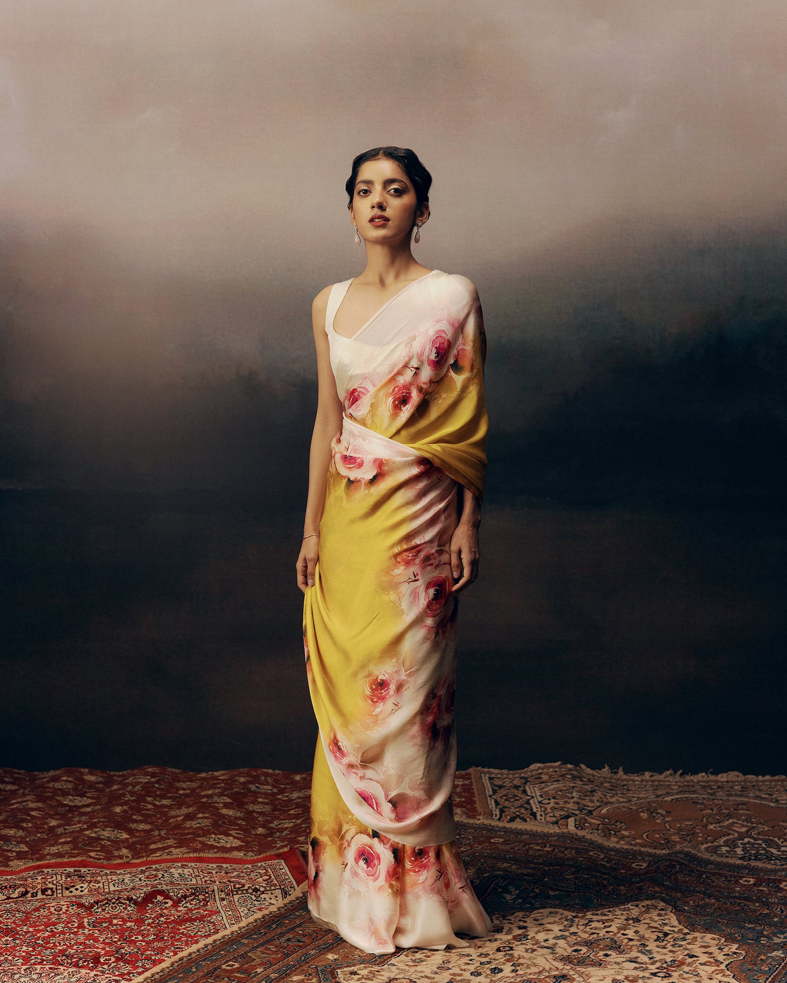 Yellow Satin Crepe Saree