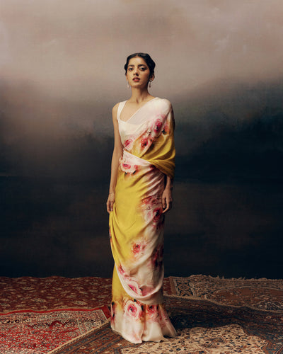 Yellow Satin Crepe Saree