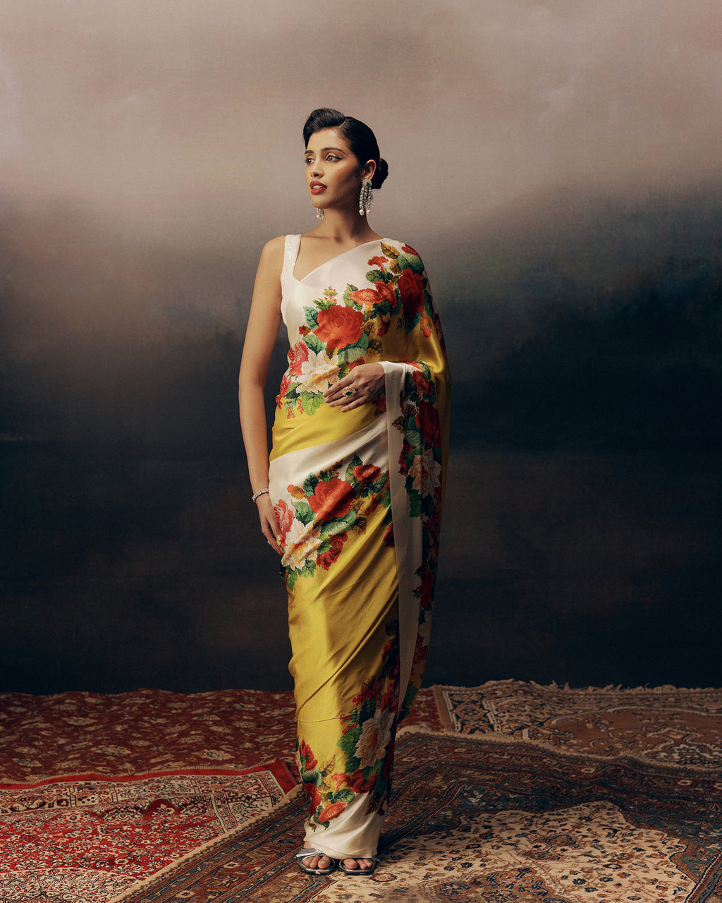 Yellow and White Satin Crepe Silk Saree