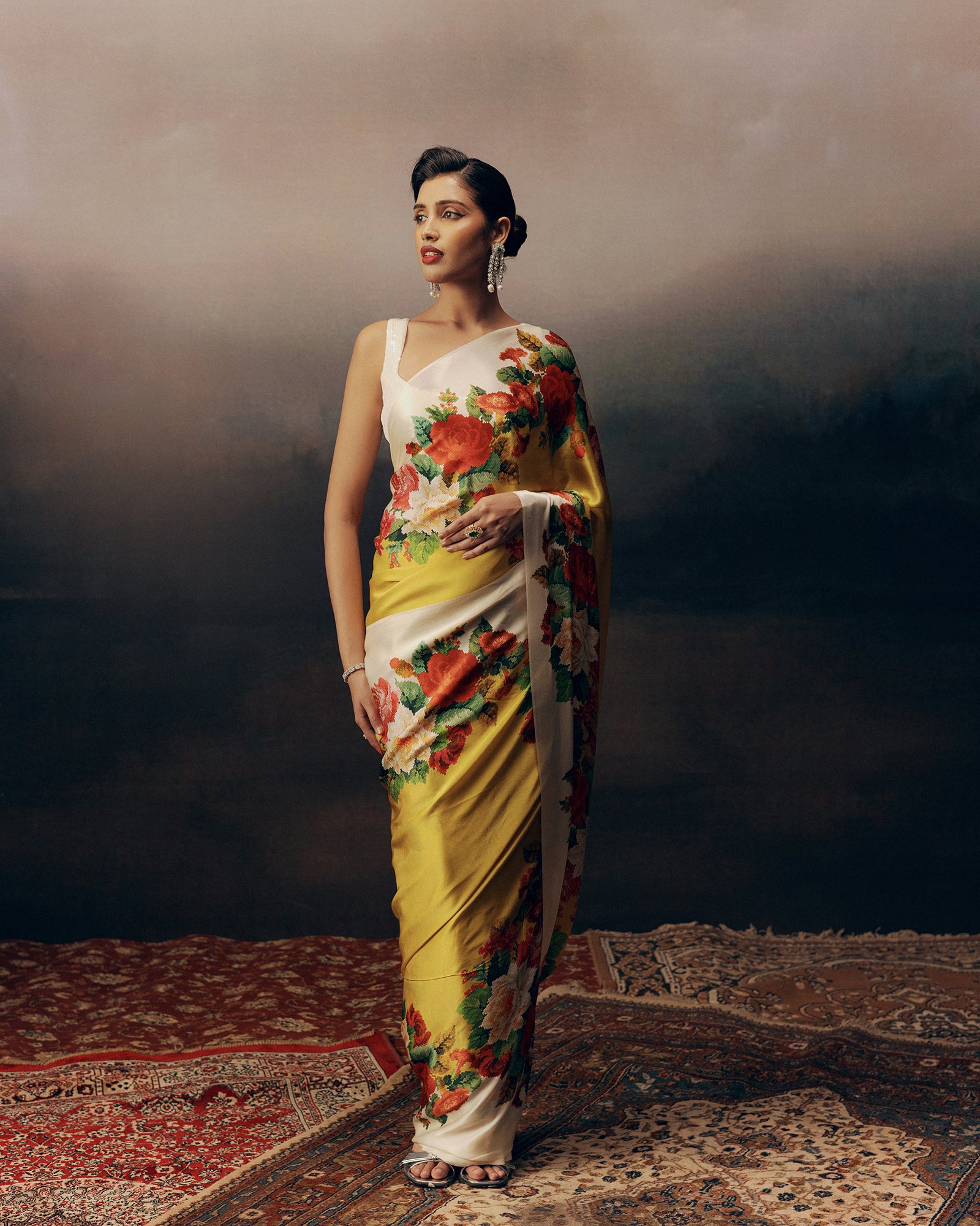 Yellow Satin Crepe Saree