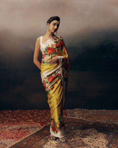 Yellow and White Satin Crepe Silk Saree