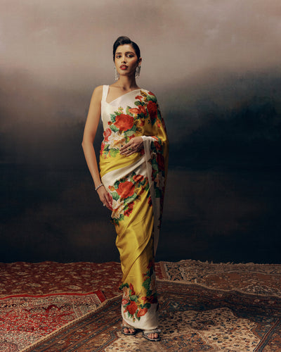 Yellow and White Satin Crepe Silk Saree