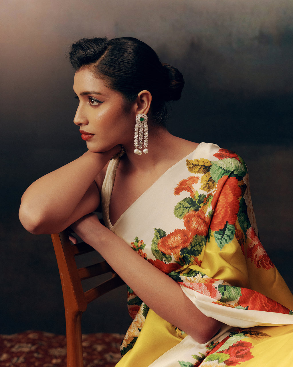 Yellow and White Satin Crepe Silk Saree