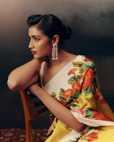 Yellow and White Satin Crepe Silk Saree