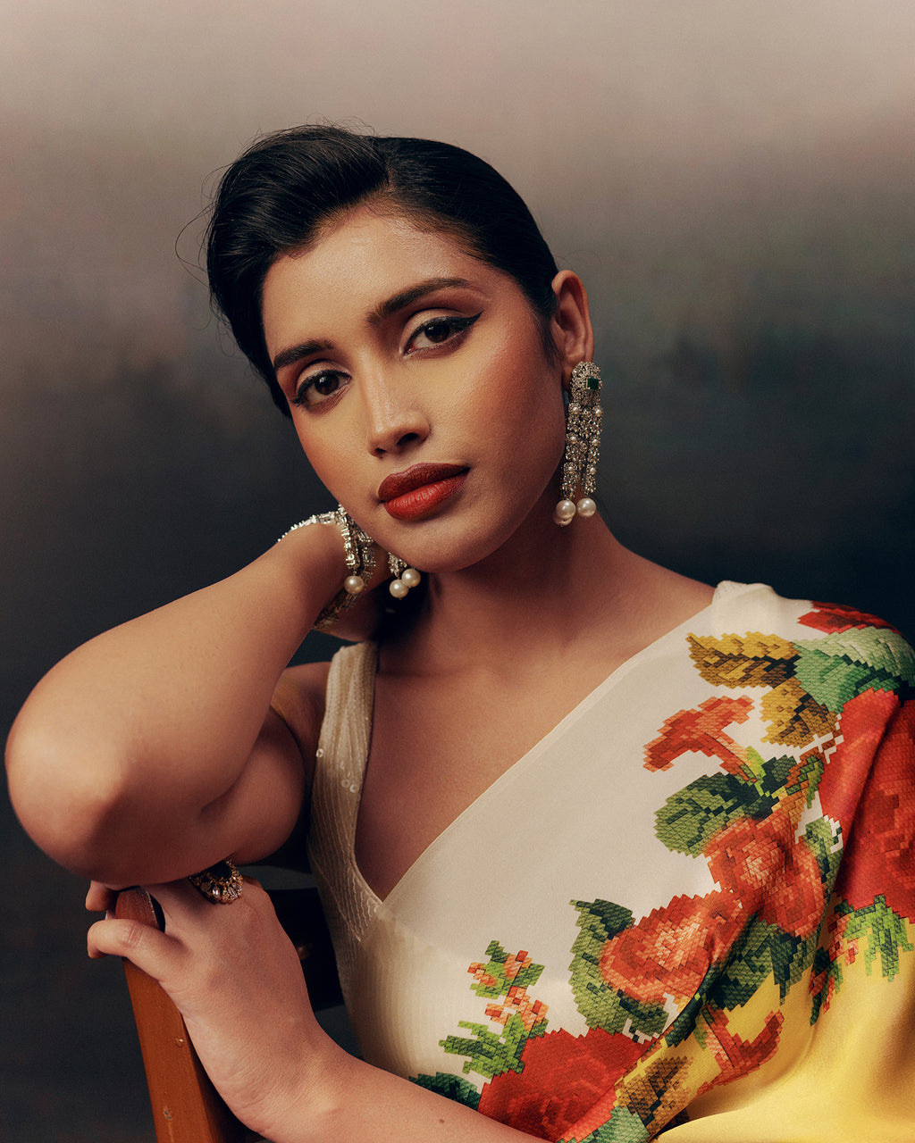 Yellow and White Satin Crepe Silk Saree