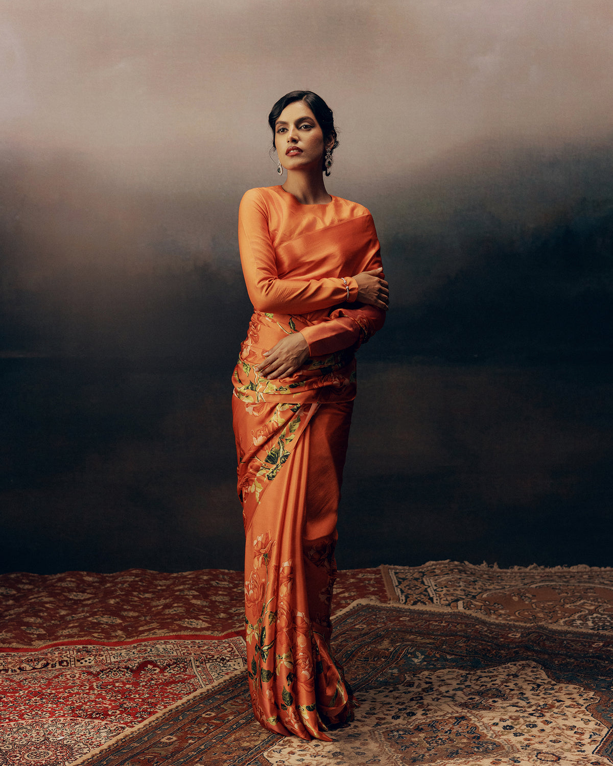 Peach Satin Crepe Saree