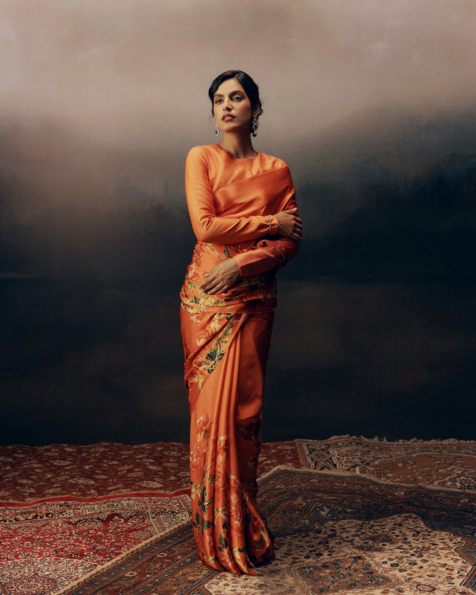 Peach Satin Crepe Saree