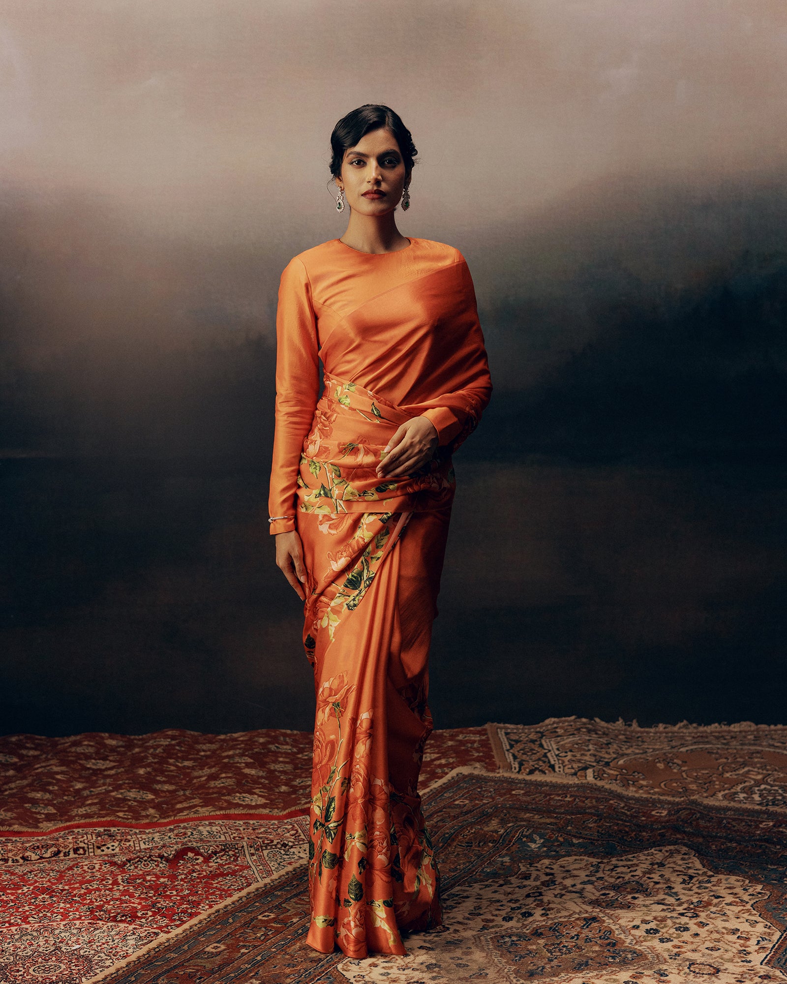 Peach Satin Crepe Saree