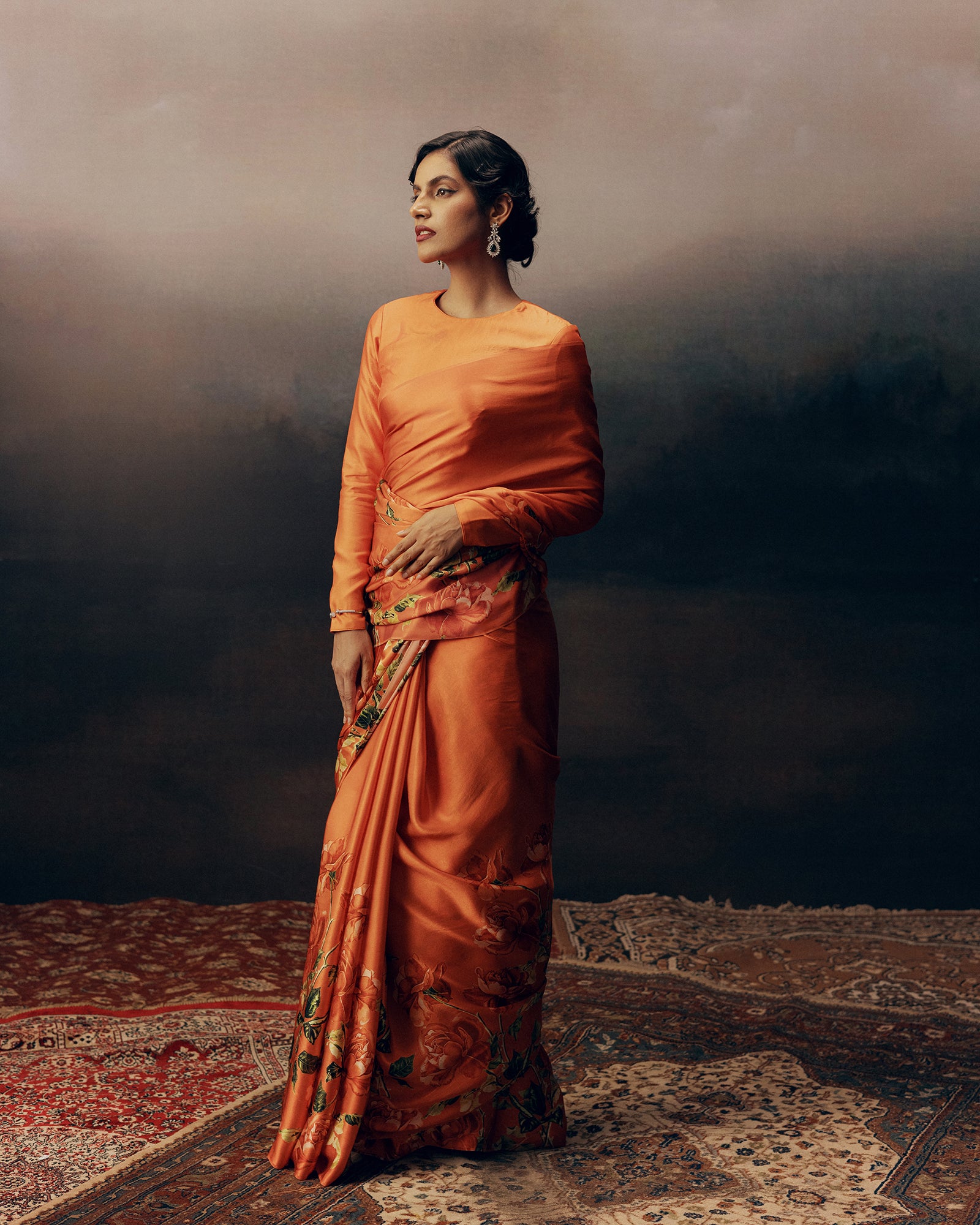 Peach Satin Crepe Saree