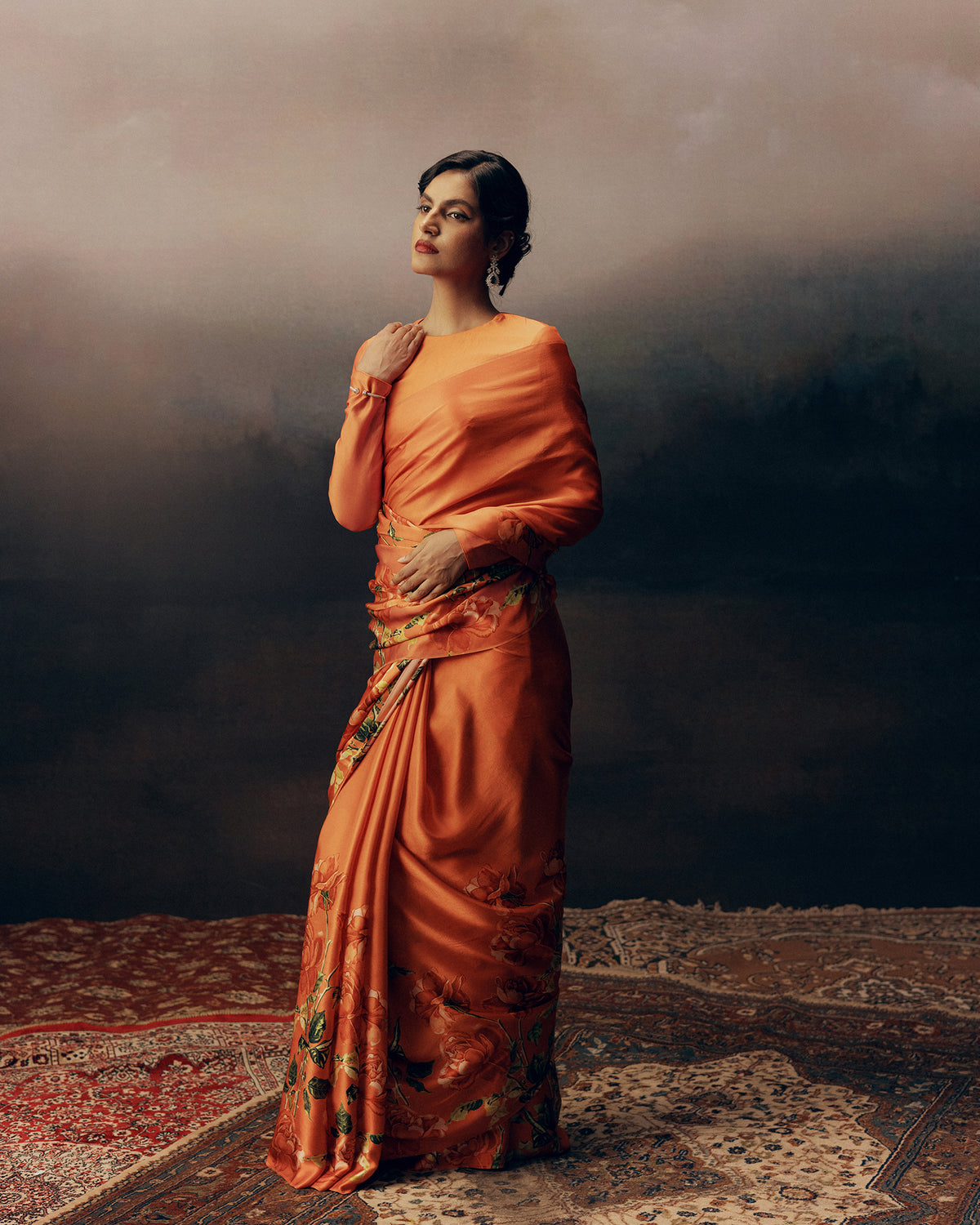 Peach Satin Crepe Saree