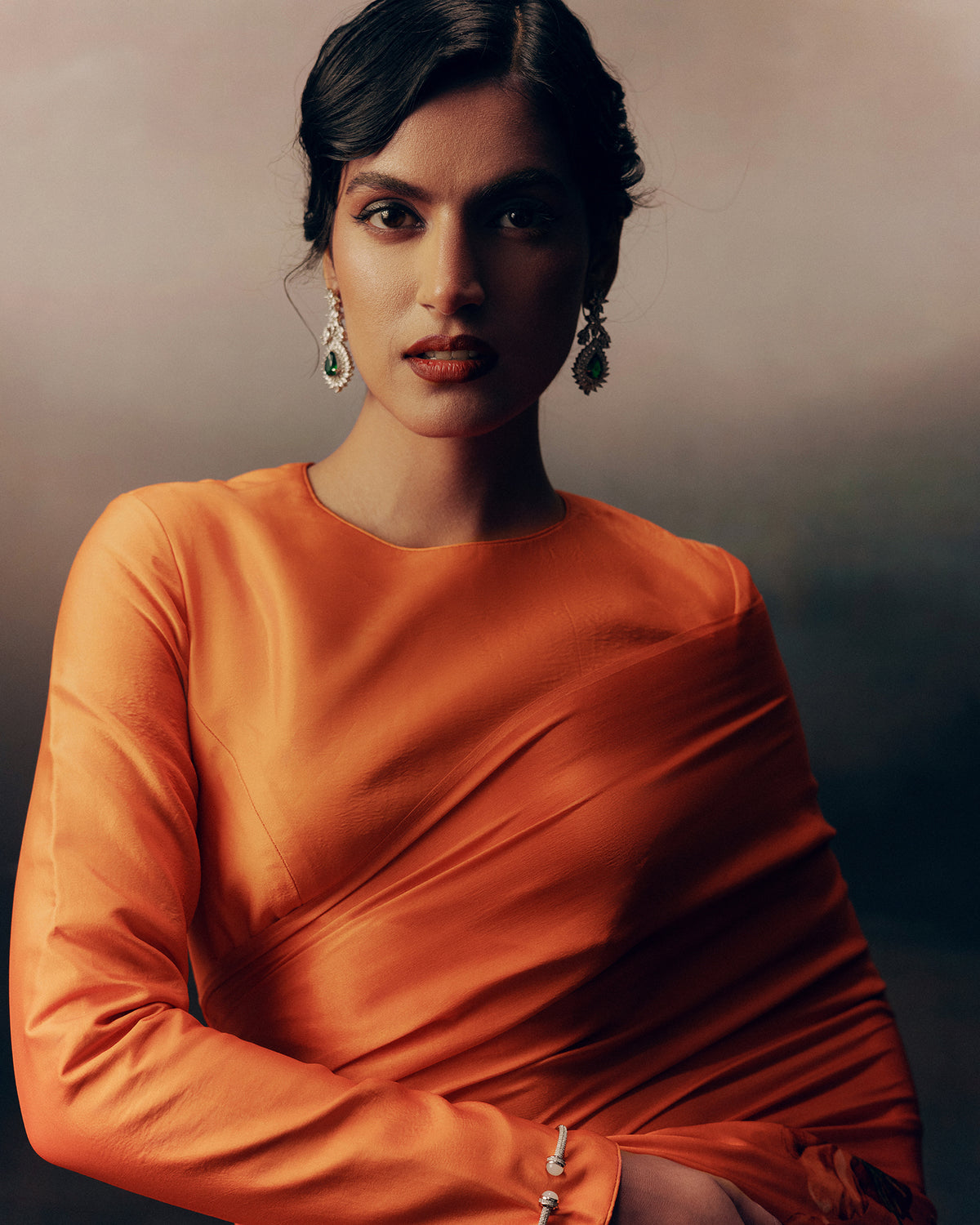 Peach Satin Crepe Saree