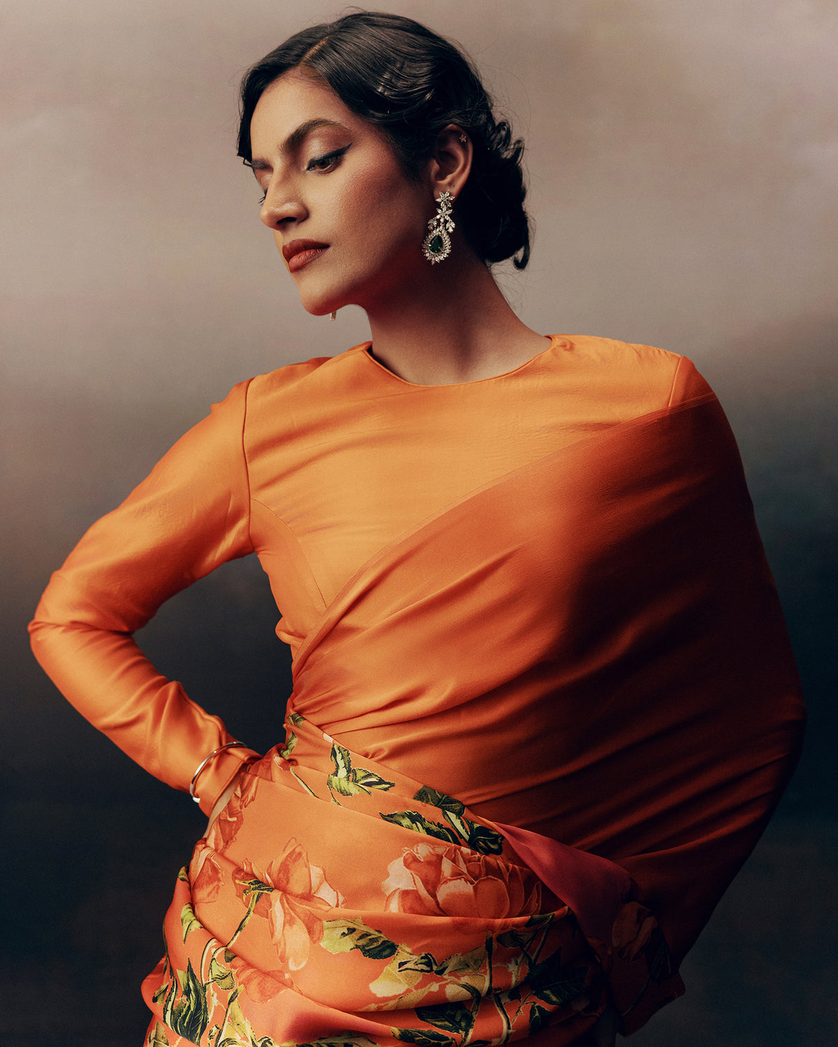 Peach Satin Crepe Saree