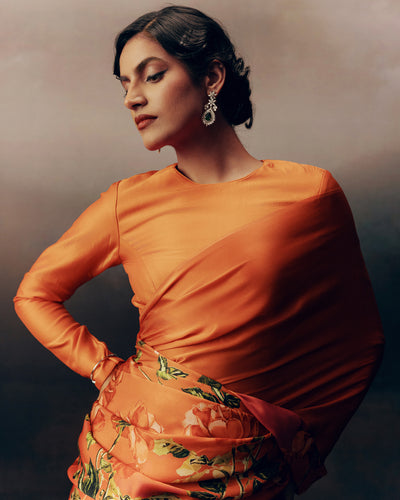 Peach Satin Crepe Saree