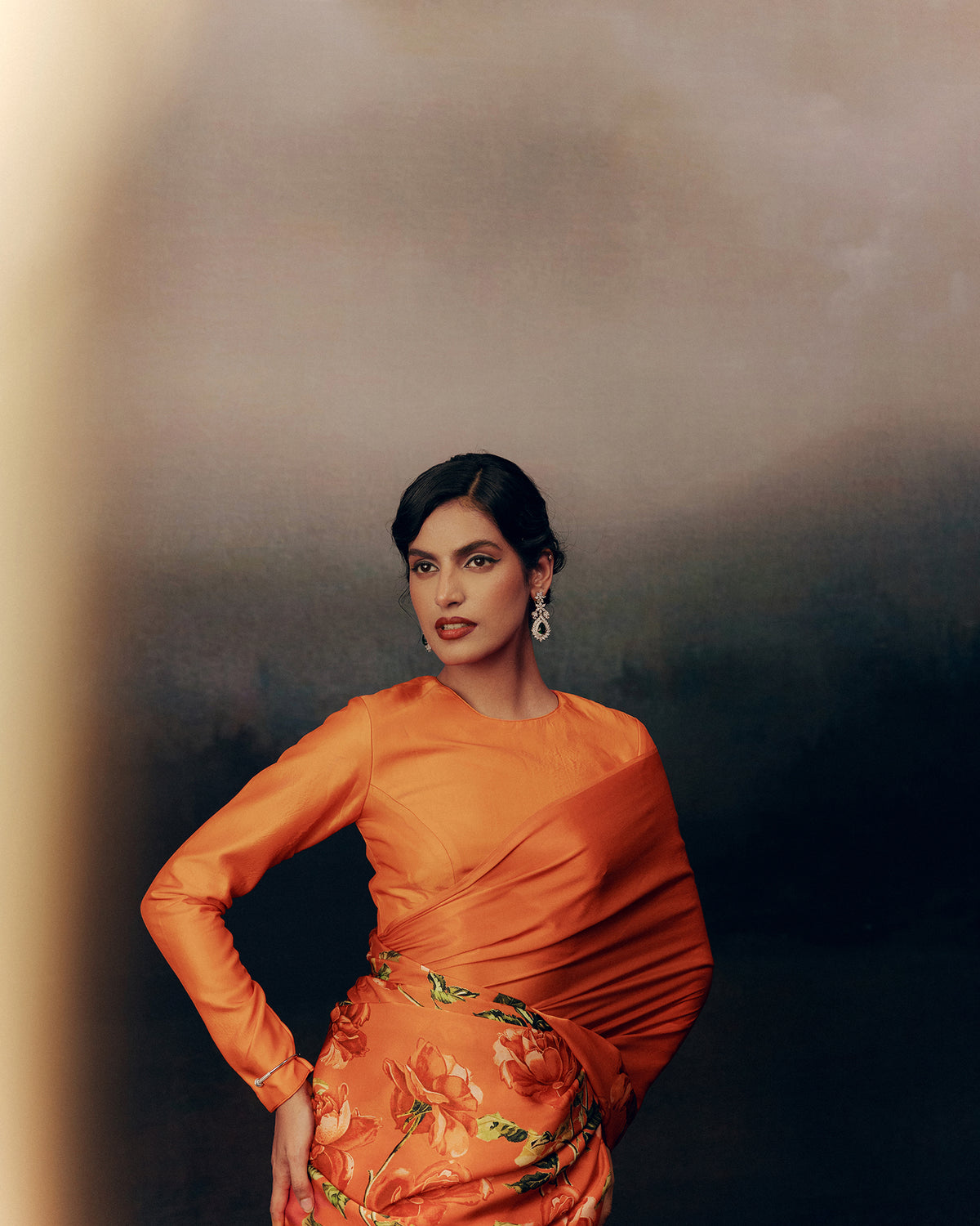 Peach Satin Crepe Saree