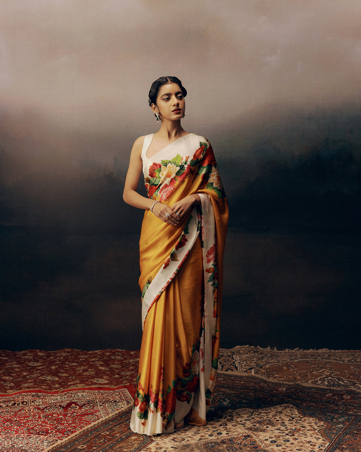 Orange Satin Crepe Saree