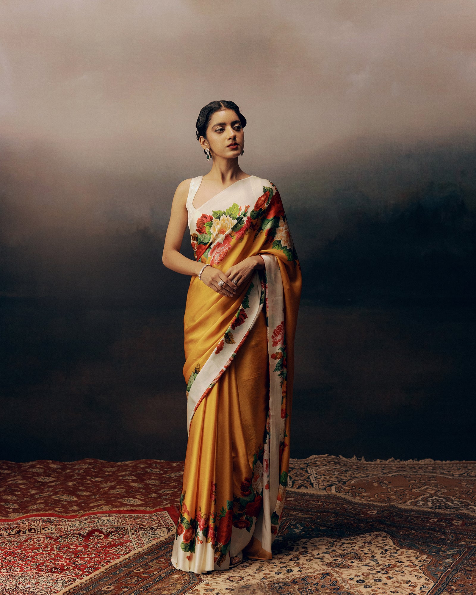 Orange Satin Crepe Saree