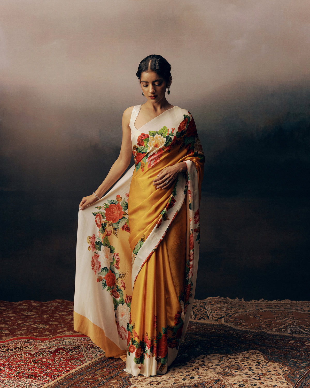 Orange Satin Crepe Saree