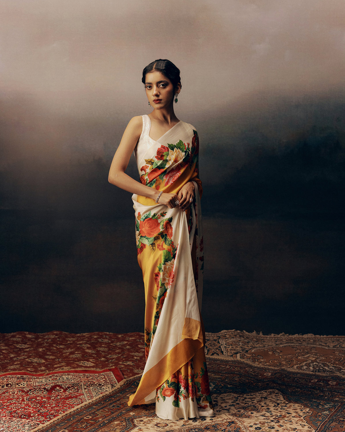 Orange Satin Crepe Saree