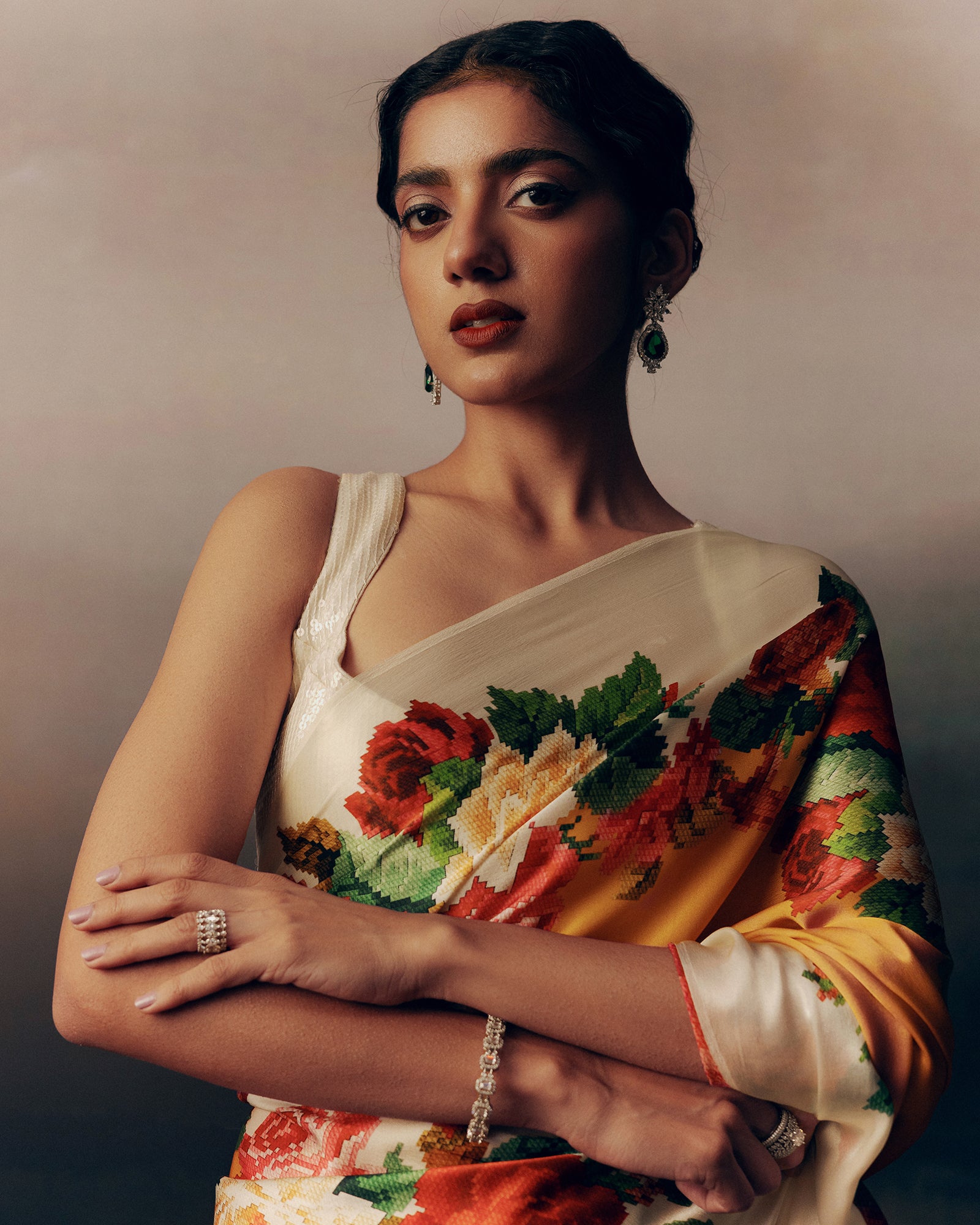 Orange Satin Crepe Saree