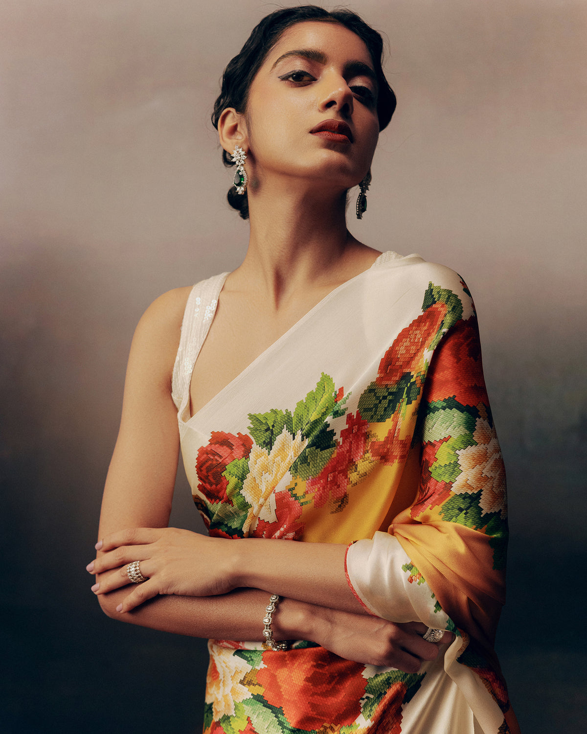 Orange Satin Crepe Saree