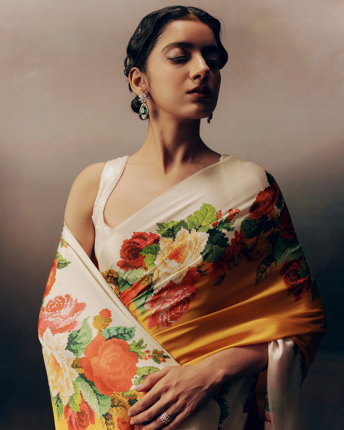 Orange Satin Crepe Saree