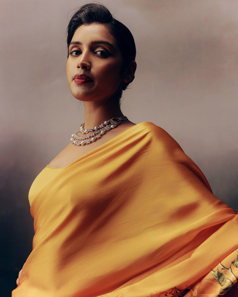 Orange Satin Crepe Silk Saree