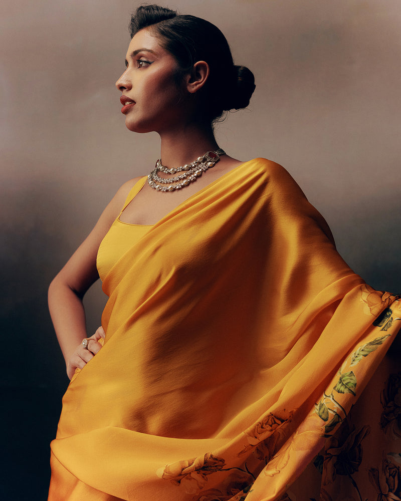 Orange Satin Crepe Silk Saree