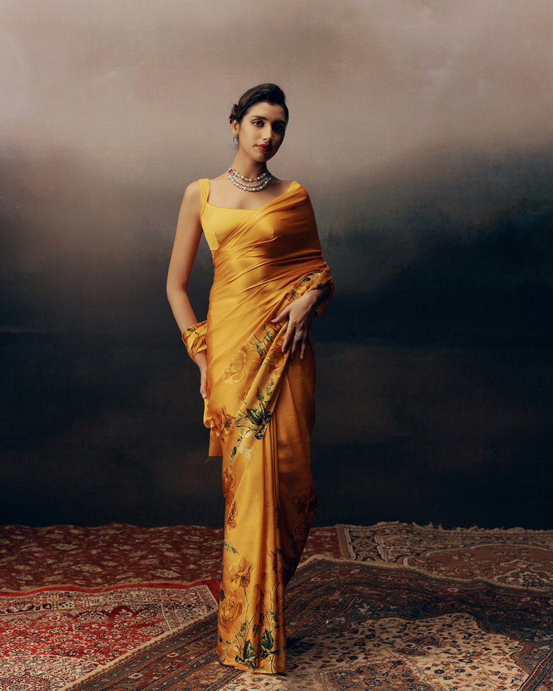Orange Satin Crepe Silk Saree