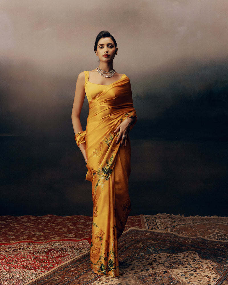 Orange Satin Crepe Silk Saree