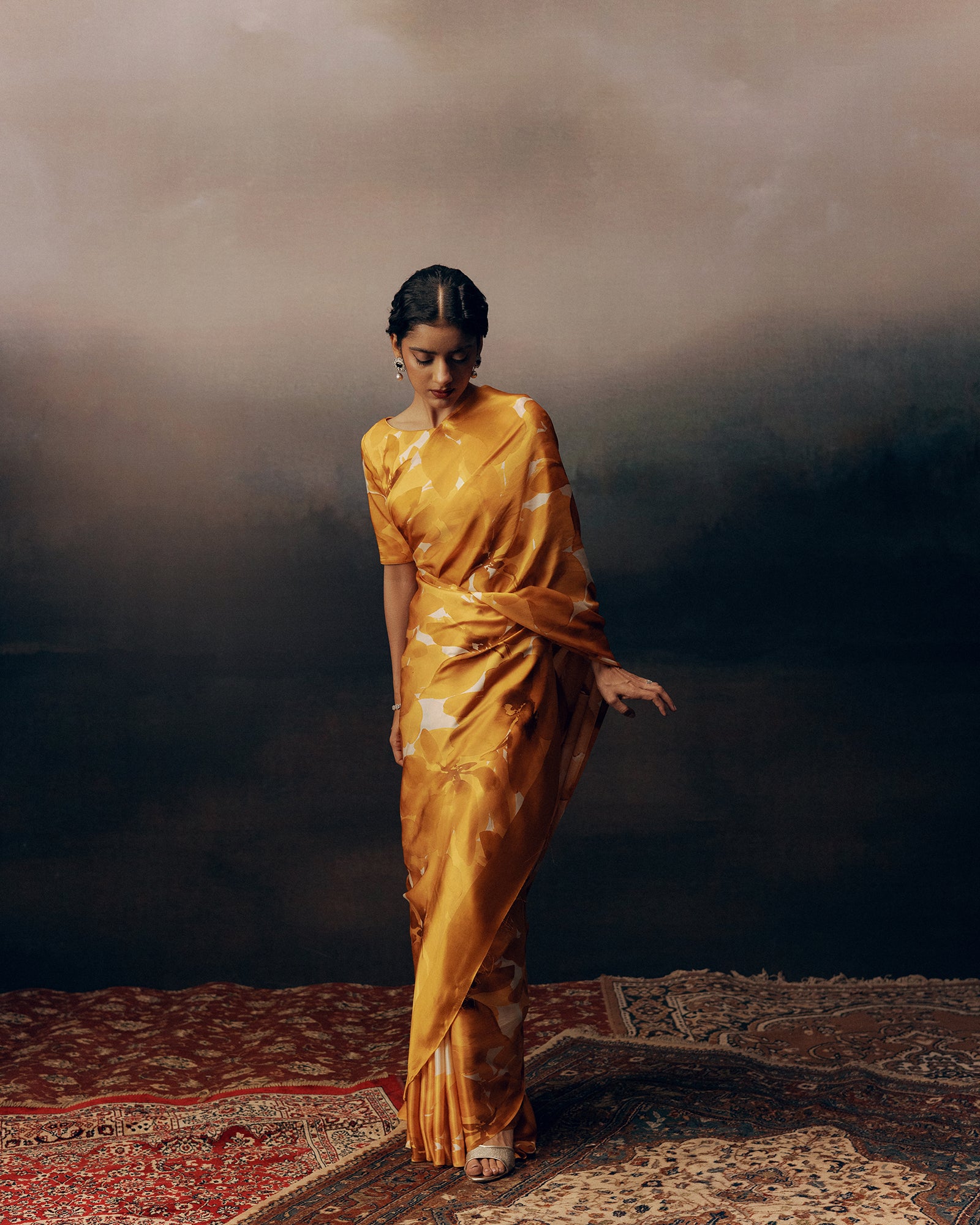 Orange and White Crepe Silk Saree
