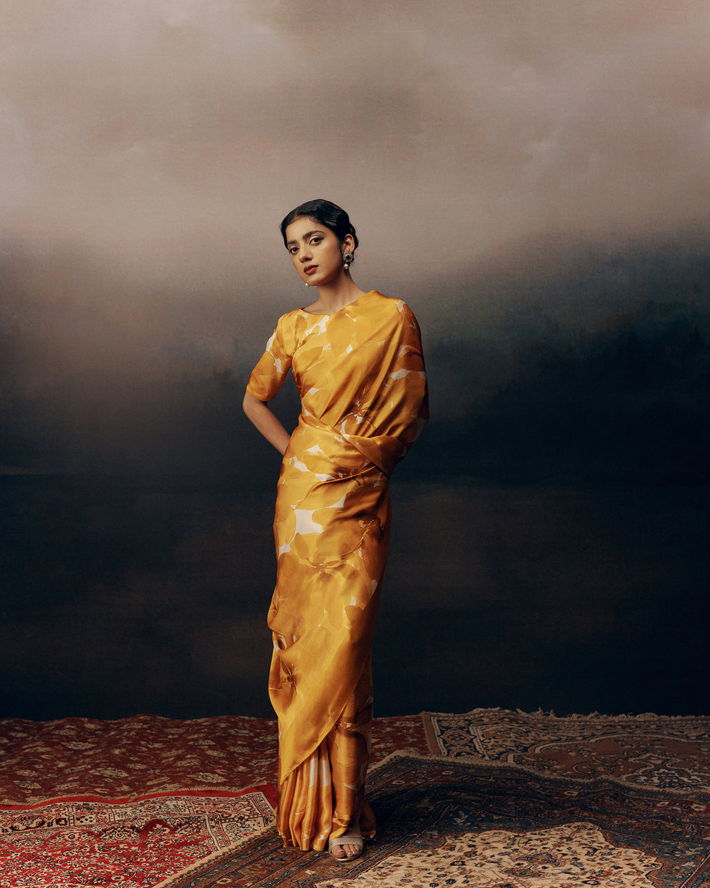 Orange and White Crepe Silk Saree