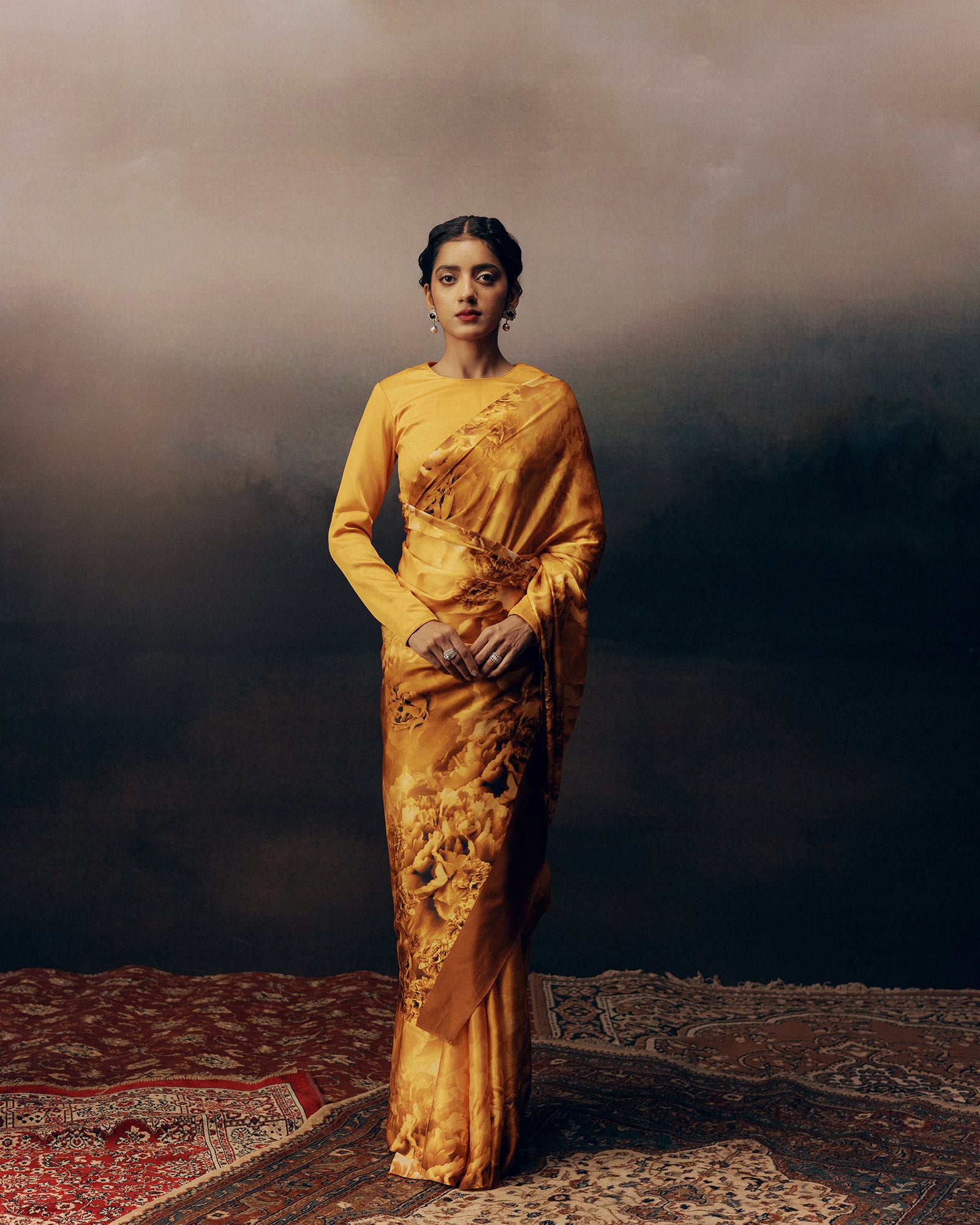Orange Satin Crepe Silk Saree
