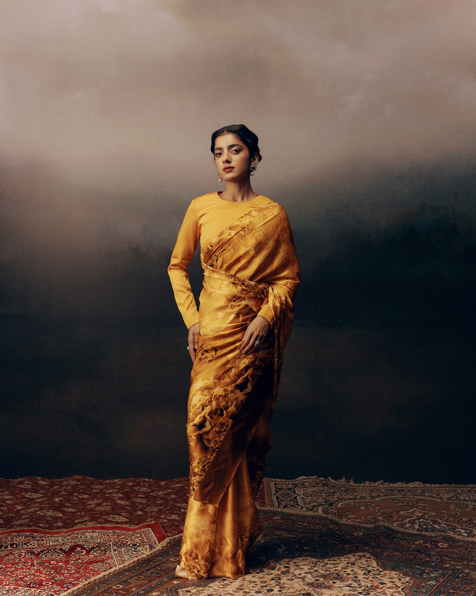 Orange Satin Crepe Silk Saree